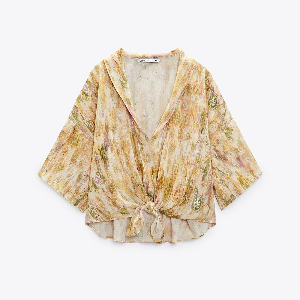 2 Piece SET Zara Pastel Yellow Metallics Shiny Printed Pants Blouse L XL - Picture 10 of 12